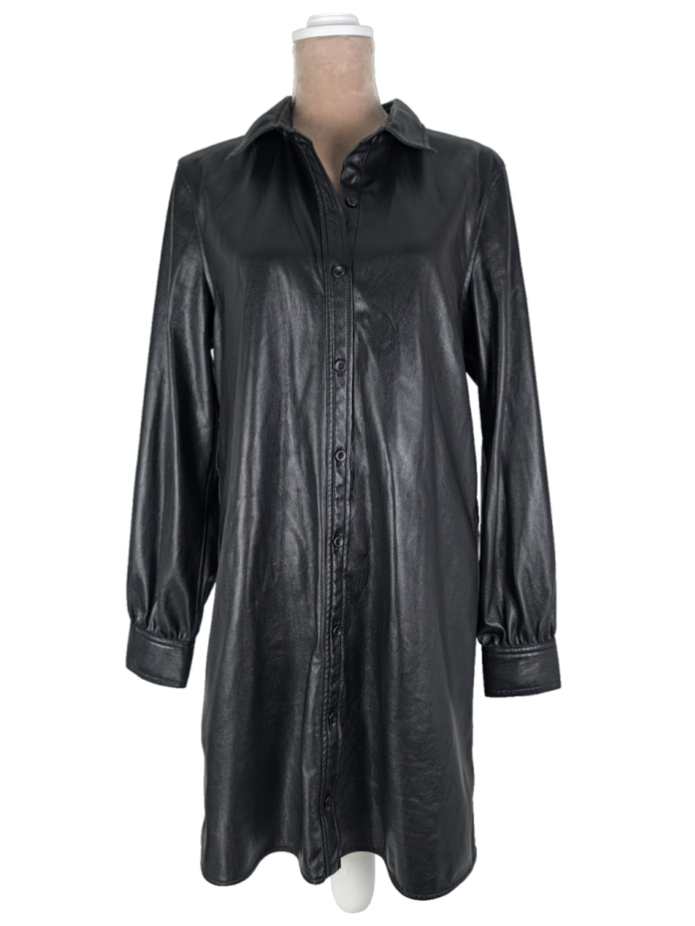 WILFRED Aritzia Black Vegan Faux Leather Shirt Dress Sz M Grunge Rock Chic